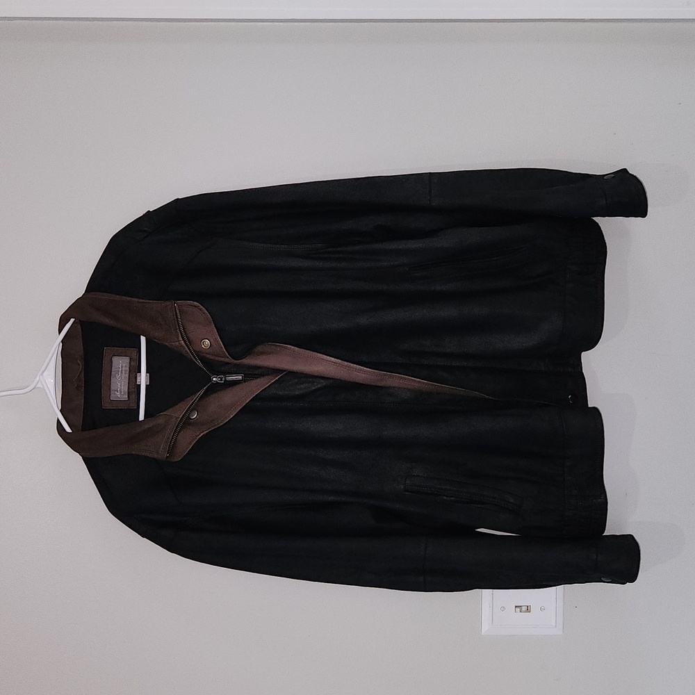 Daniel Cremieux Black Leather Bomber Jacket with Brown Trim